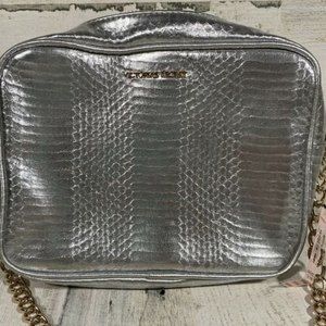 Victorias Secret Silver Snakeskin Crossbody Gold Chain Link Strap Purse Glam NWT